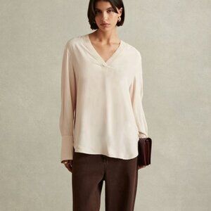 Reiss Tash Relaxed High‑Low V‑Neck Top – Pale Pink – Size 6 – NWT